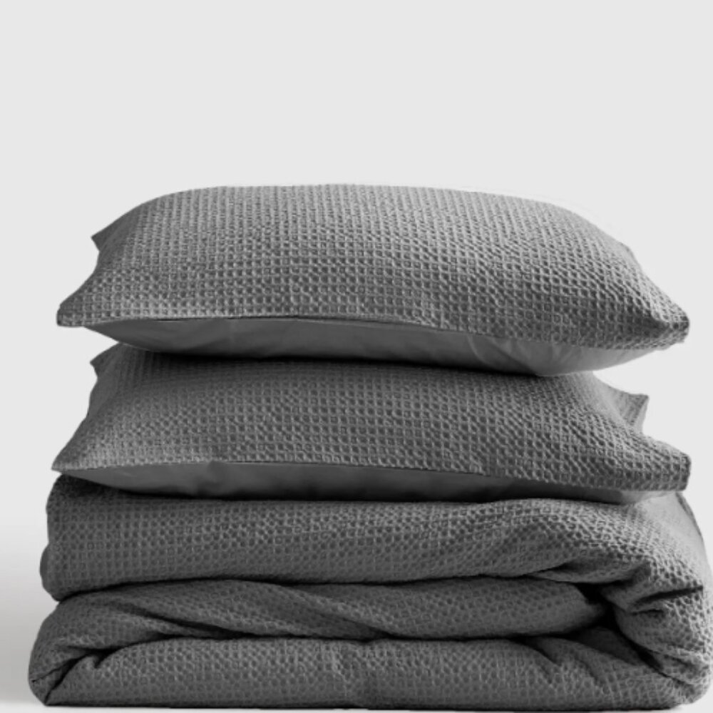 NWOT QUINCE Organic Luxe Waffle Duvet Cover Set Queen Grey 5⭐'s Retail $110 Q19